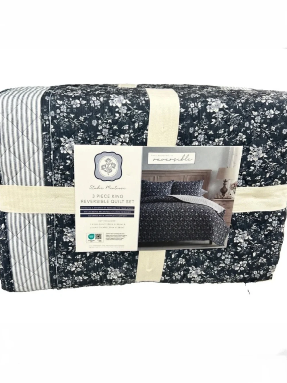 Studio Montrose 3 Pc King Reversible Blue and White Floral Quilt Set 106”x90”